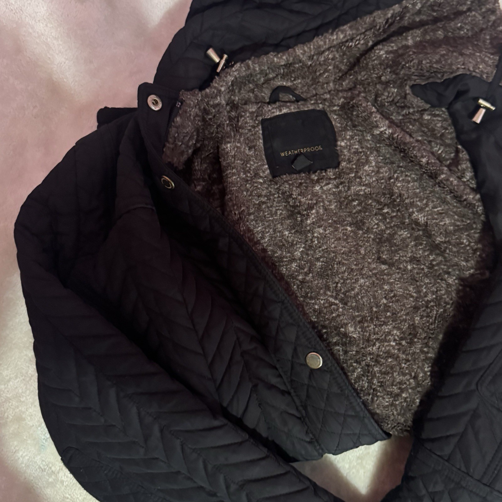 Weatherproof Women’s Black Hooded Quilted Lined Zip/Snap Jacket Size L