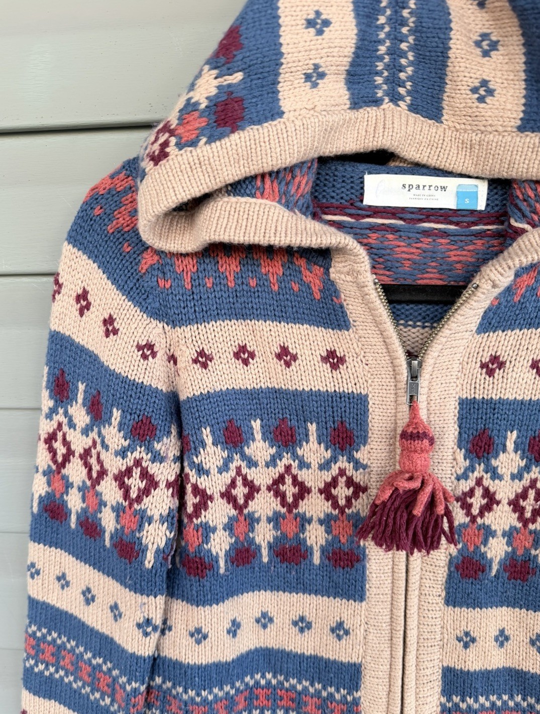 Anthropologie Sparrow Wool Blend Hooded Sweater Small Boho Fair Isle Zip Tassel
