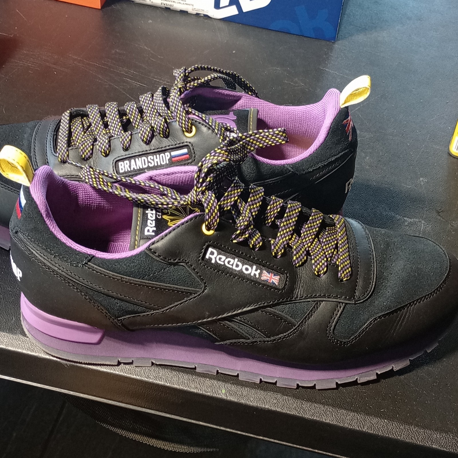 Reebok Classic Men’s Low Top Lace-Up Sneakers Black Purple Yellow Union Jack
