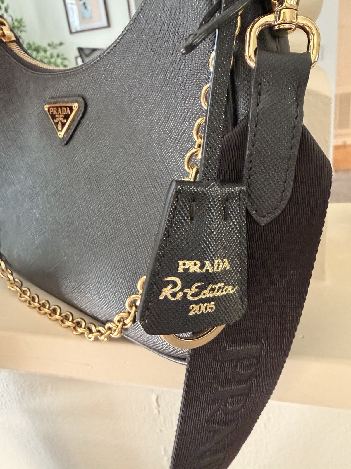 PRADA Re-Edition 2005 Saffiano Leather Designer Bag Gold Chain Adjustable Purse