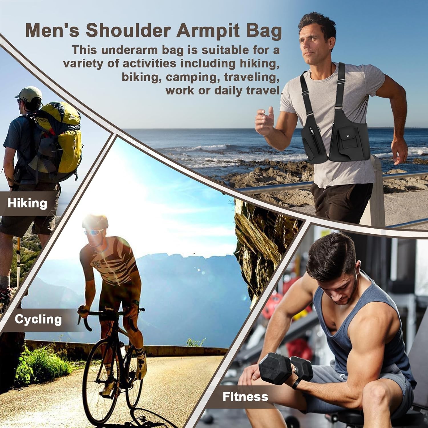 Double Shoulder Armpit Bag for Men, Anti-theft Bag with Double Shoulder Straps,
