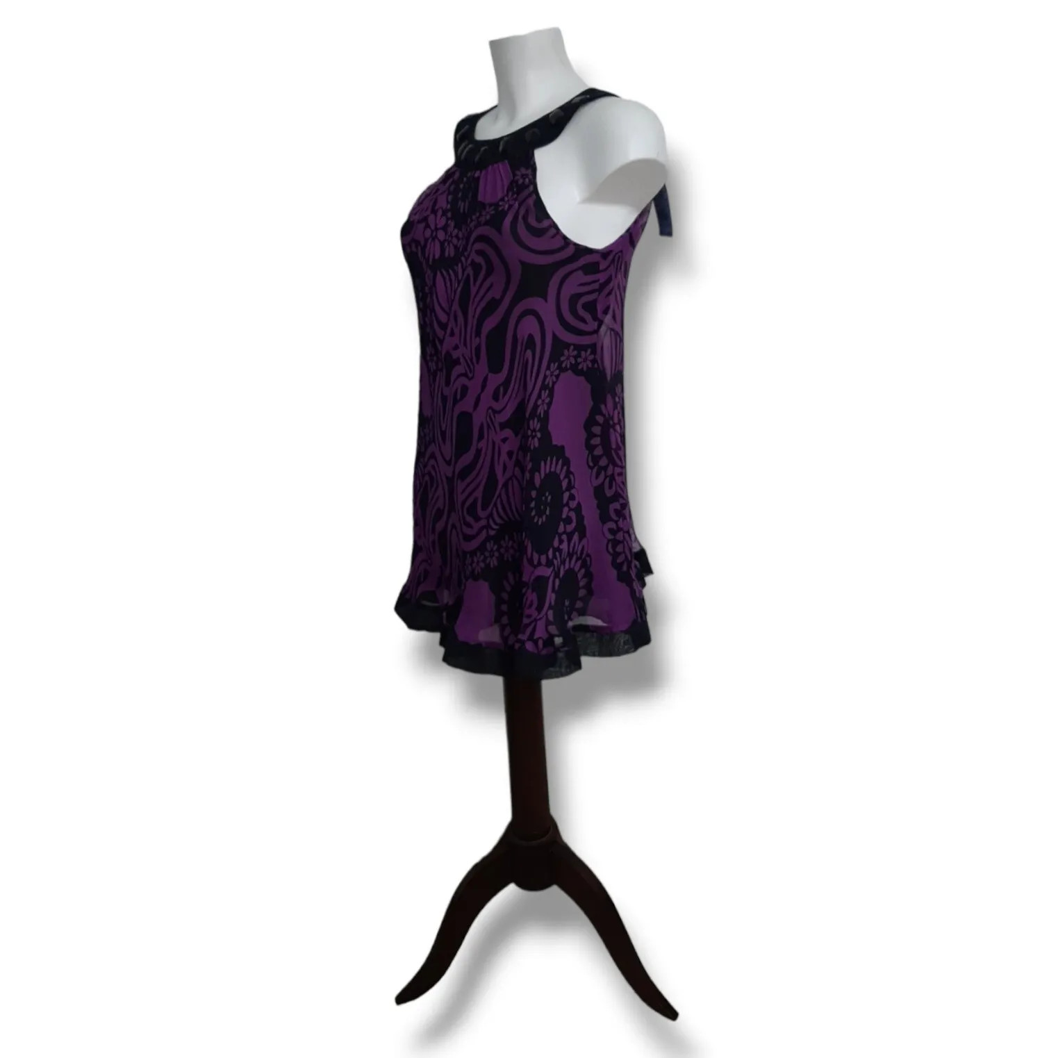 OASIS Pure Silk Sleeveless Top Tunic Pussy Bow Floral Black Purple 12 New NWT