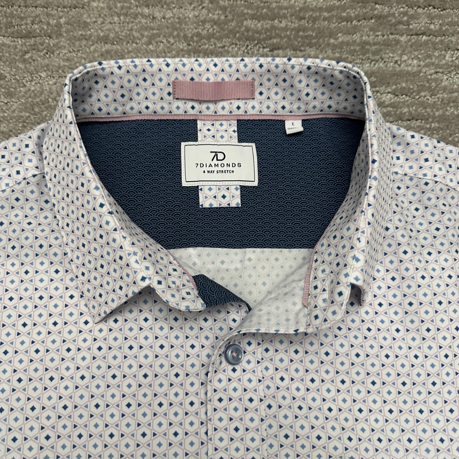 7Diamonds Ephraim Shirt Mens Large Blue Geometric Short Sleeve Stretch Button Up