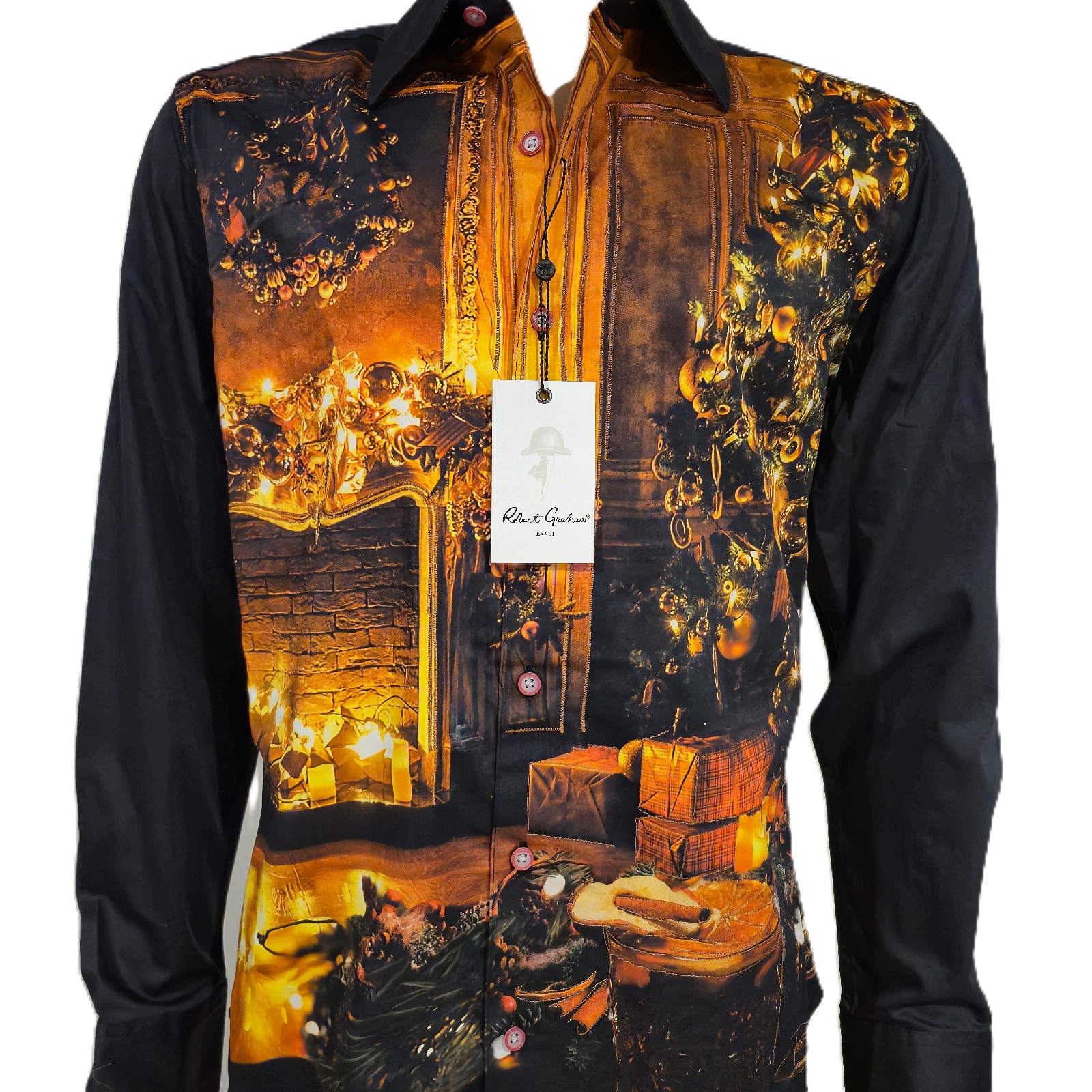 NWT ROBERT GRAHAM FIREPLACE DRINKS COTTON SHIRT IN BLACK BURGUNDY BLEND M