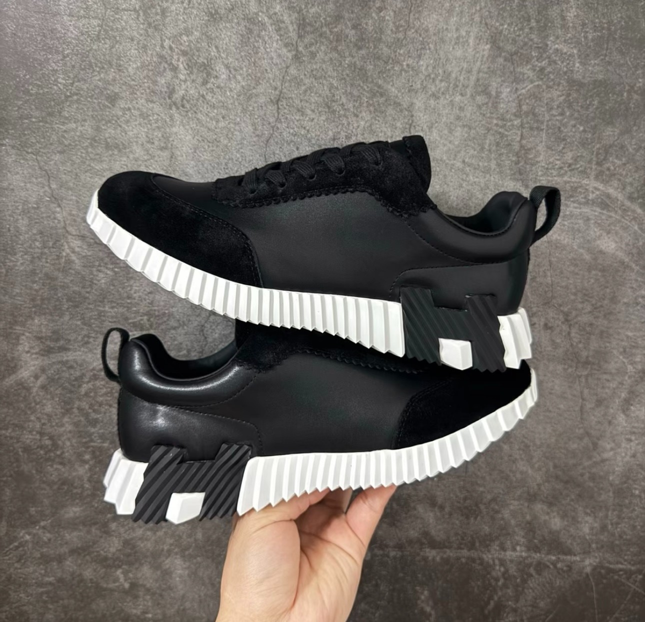 Hermes Bouncing Sneakers Black White Leather Lace Up Designer Shoes Men