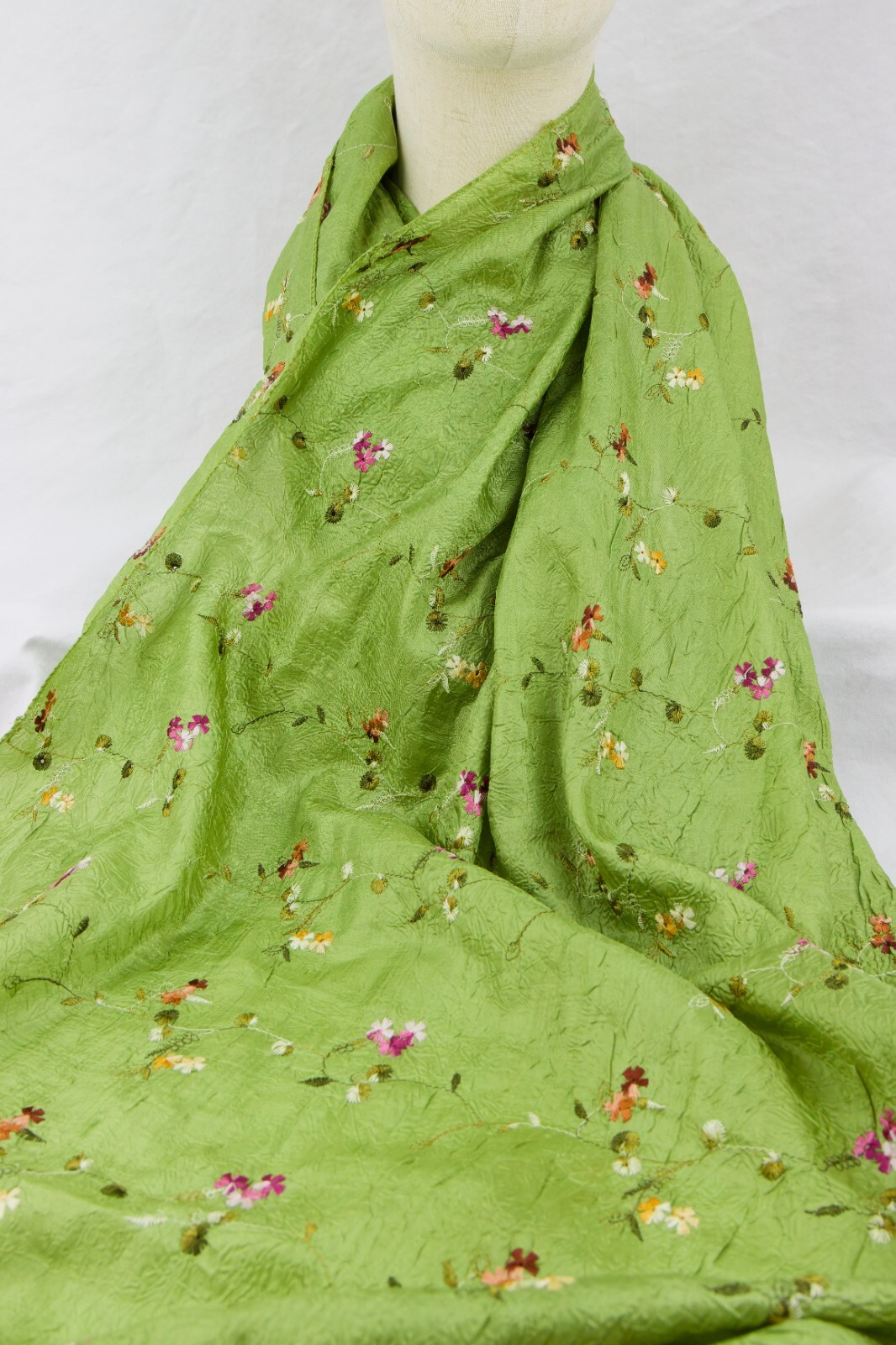 Crushed Shimmer Silk-Poly Blend Green Embroidered Floral Wrap Scarf, 25in x 64in