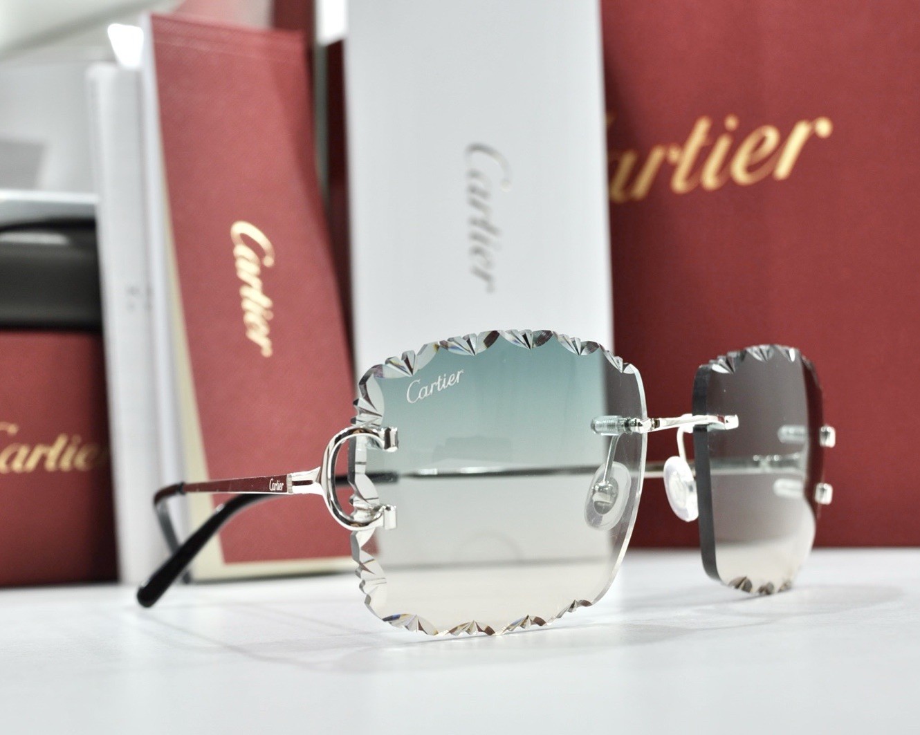 Cartier rimless sunglasses piccadilly glasses Diamond Cut BIG C silver Frame