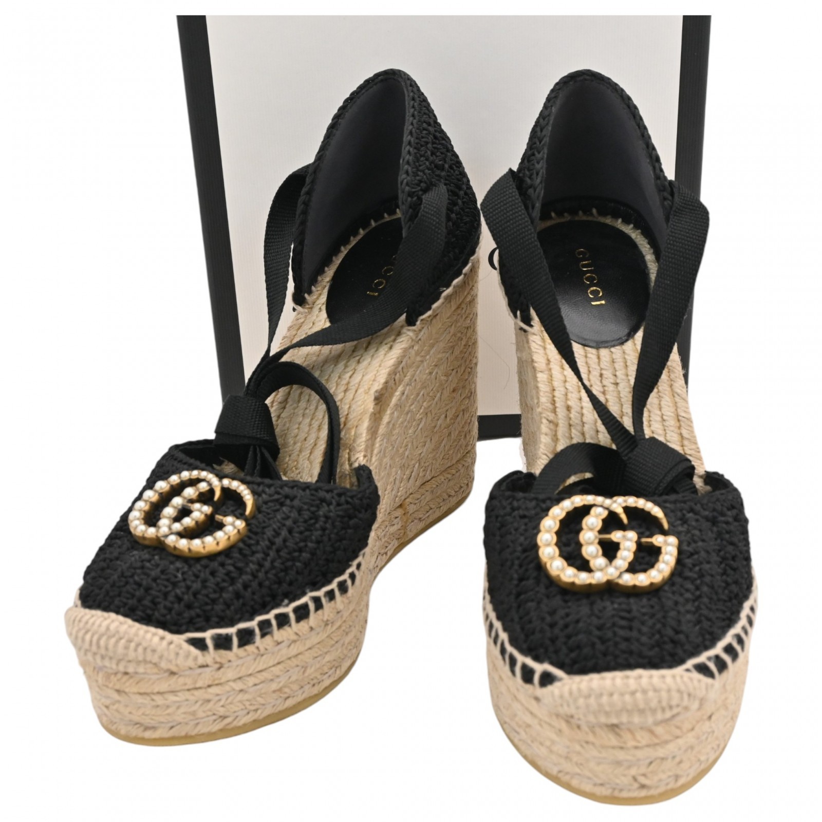 Auth GUCCI GG Marmont Espadrille Wedge Sole Sandals Black × Beige gu8934ns