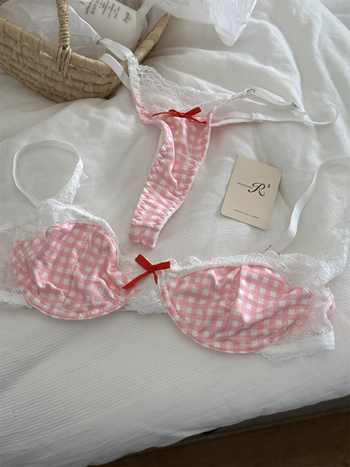 Plaid Bra Panty Set Underwire Push Up Adjustable Strap Support Lingerie Set