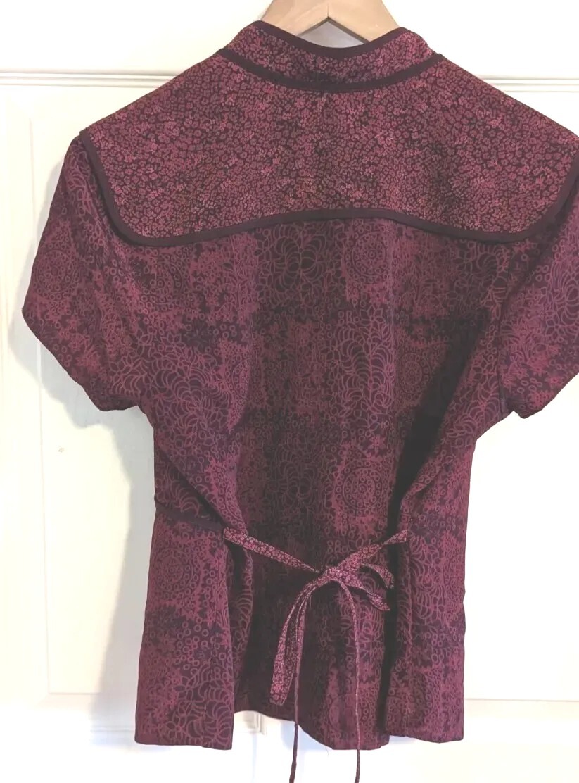 Norton McNaughton Wine Cranberry Red Blouse Vintage 90s Tiny Flowers Faux Wrap S
