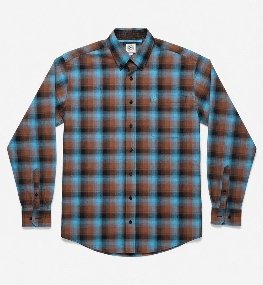 Cinch Men’s Western Plaid Long Sleeve ButtonUp Shirt,S, Point Collar, Blue/Brown