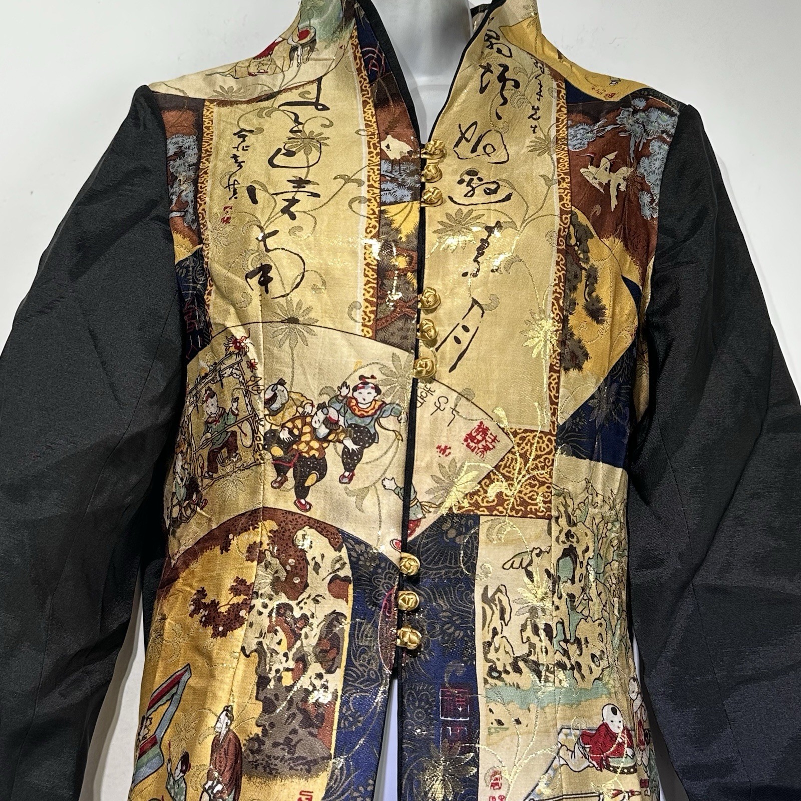 Vintage Chinese Mandarin Collar Oriental Jacket Top Gold Black Calligraphy M