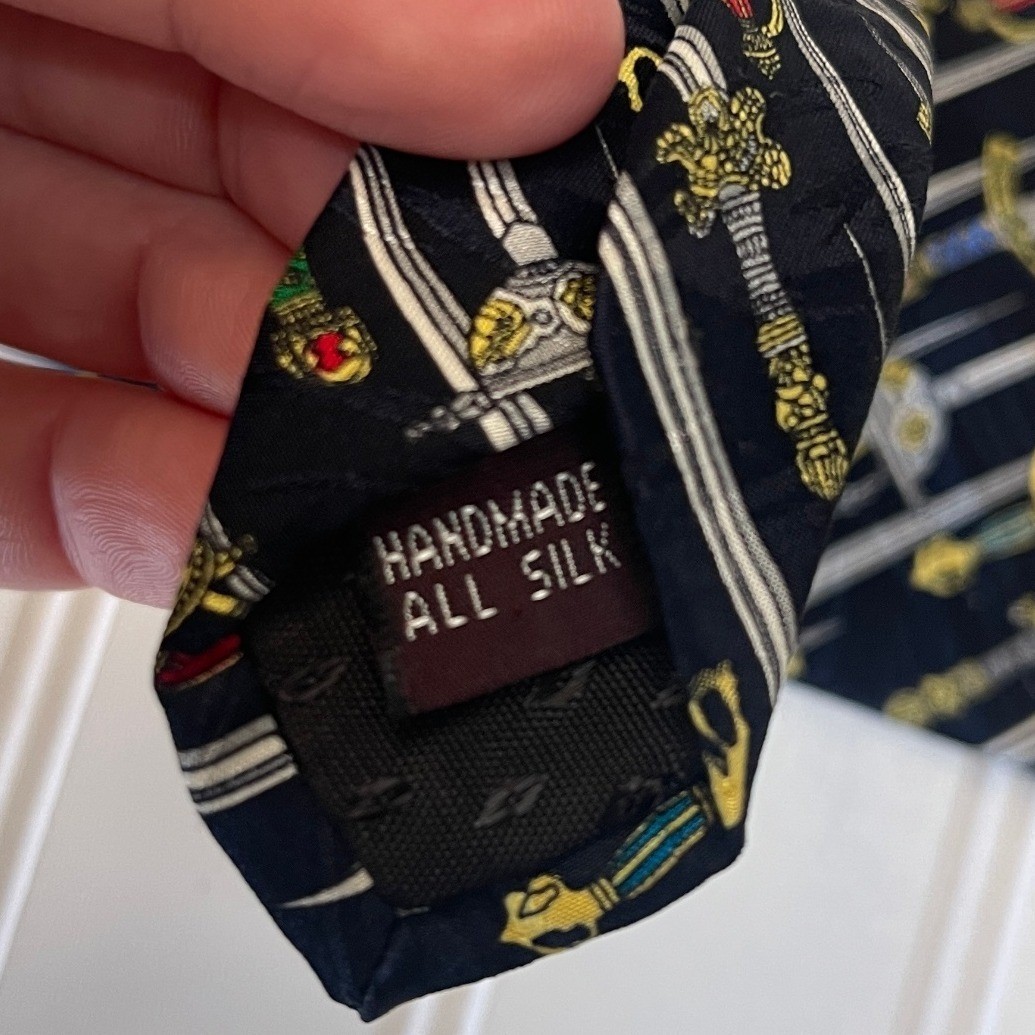 Museum Artifacts Mens Silk Tie Black Medieval Sword Rapier Pattern Handmade
