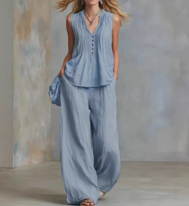 Womens 2 Piece Lounge Set V Neck Sleeveless Top Wide Leg Pants Casual Outfits