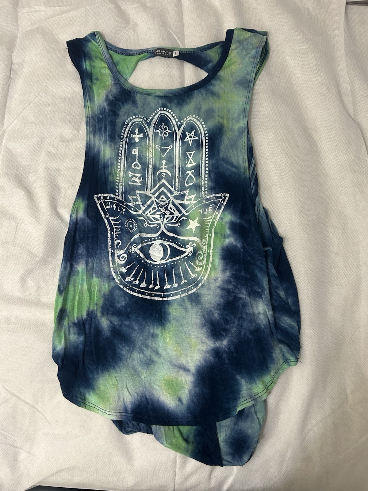 Earthbound Trading Co Women’s L Blue/Green Tie-Dye Hamsa Eye Tank Scoop Neck