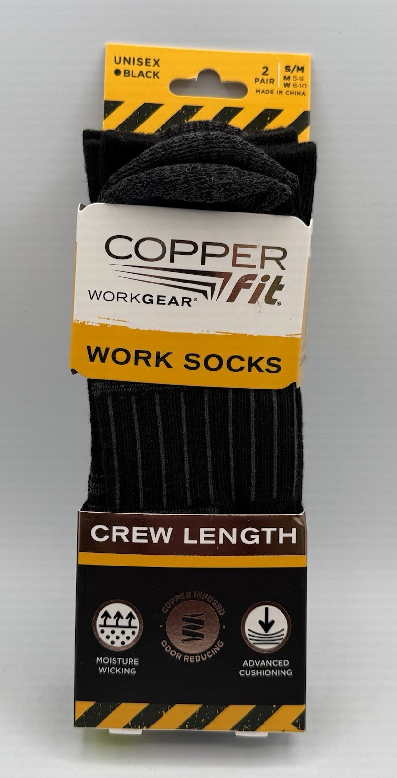 Copper Fit Crew Length Work Socks Size S/M 2 Pairs Black Odor Reducing Unisex