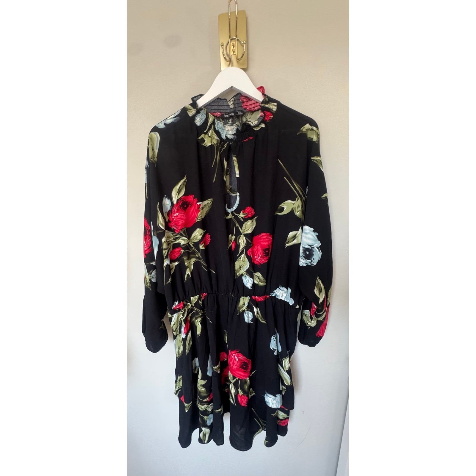 Boohoo Black Red Rose Floral Smocked High Neck Mini Dress Plus Size US 20