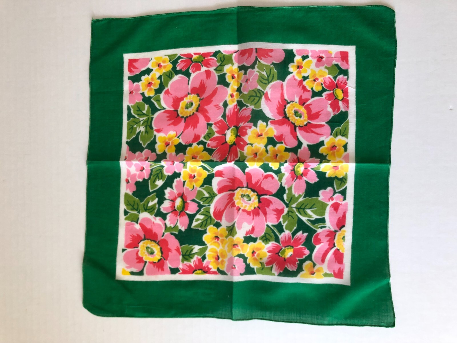 VINTAGE HANDKERCHIEF/Hanky FLORAL yellow, pink , green 12.5″X 12.5″