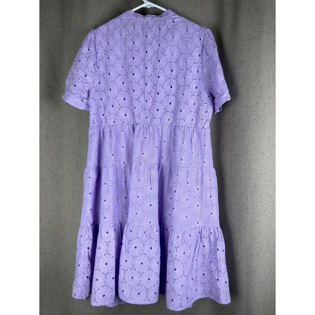 Eyelet Tiered Dress Women Large Lavender Short Sleeve Babydoll