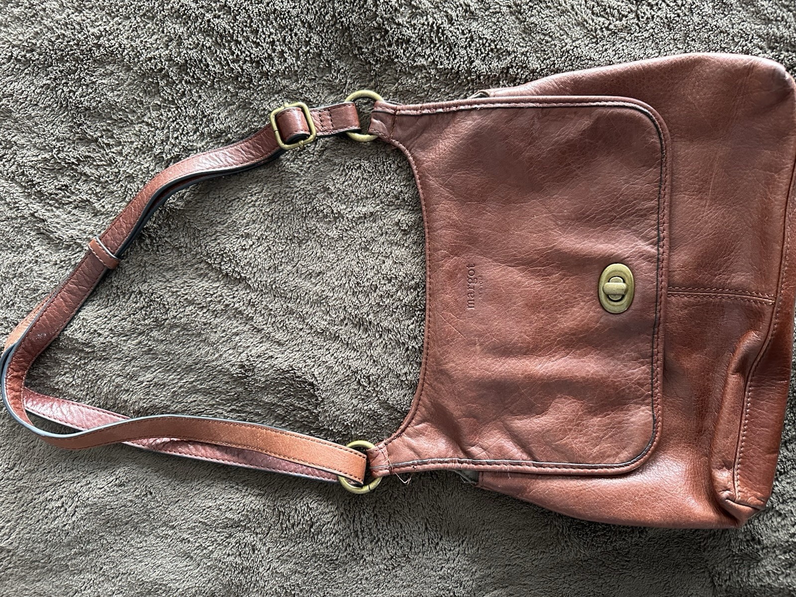 Margot Brown Turn Lock Zipper Shoulder Bag for Women Brass Hardware