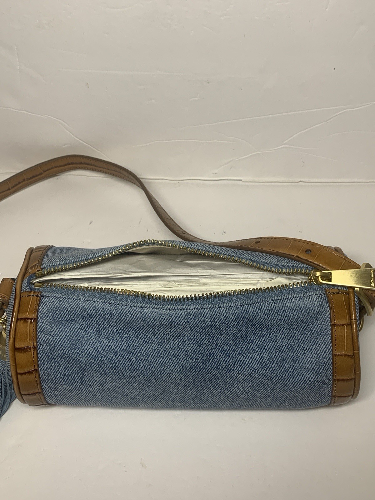 BRAHMIN Billie Barrel Shoulder Bag Denim Leather Brushed Gold Harrware NWT