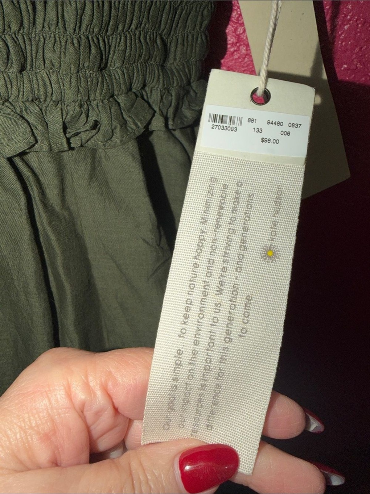 NWT Happy X Nature Olive 100% cotton ruffled smocked boho mini dress. Sz S