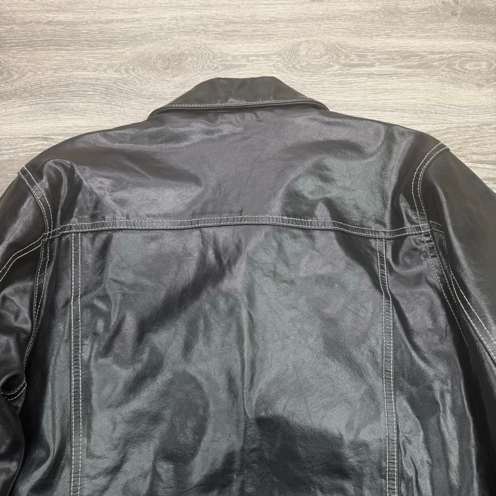 VTG Gap Leather Jacket Mens Small Black Trucker Boxy Stitch Moto Biker Y2K 90s