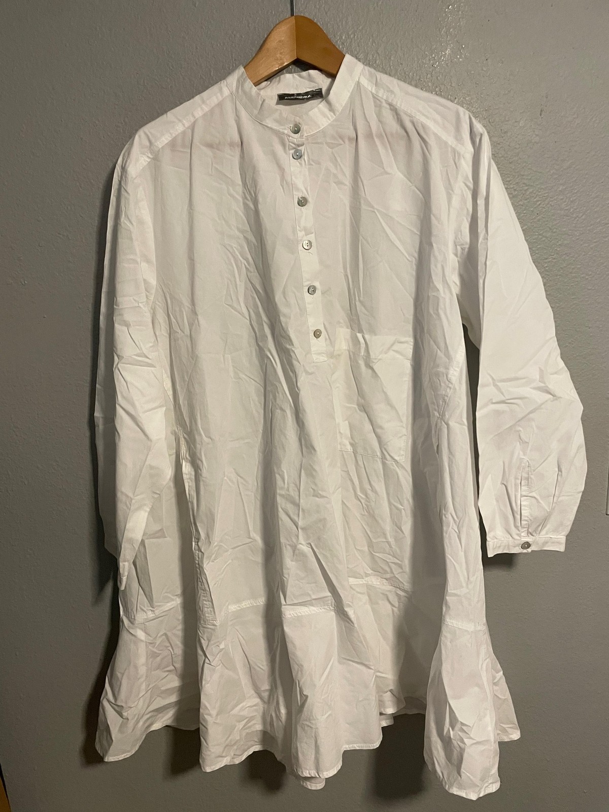 Alembika Shirt Dress Womens Large White Cotton Long Sleeve Lagenlook Artsy READ