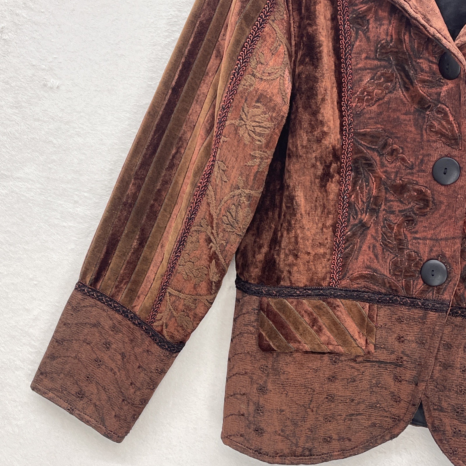 VTG FLASHBACK Brown Shabby Chic JACKET Crushed Velvet Peplum Boho Dark Goth Sz S