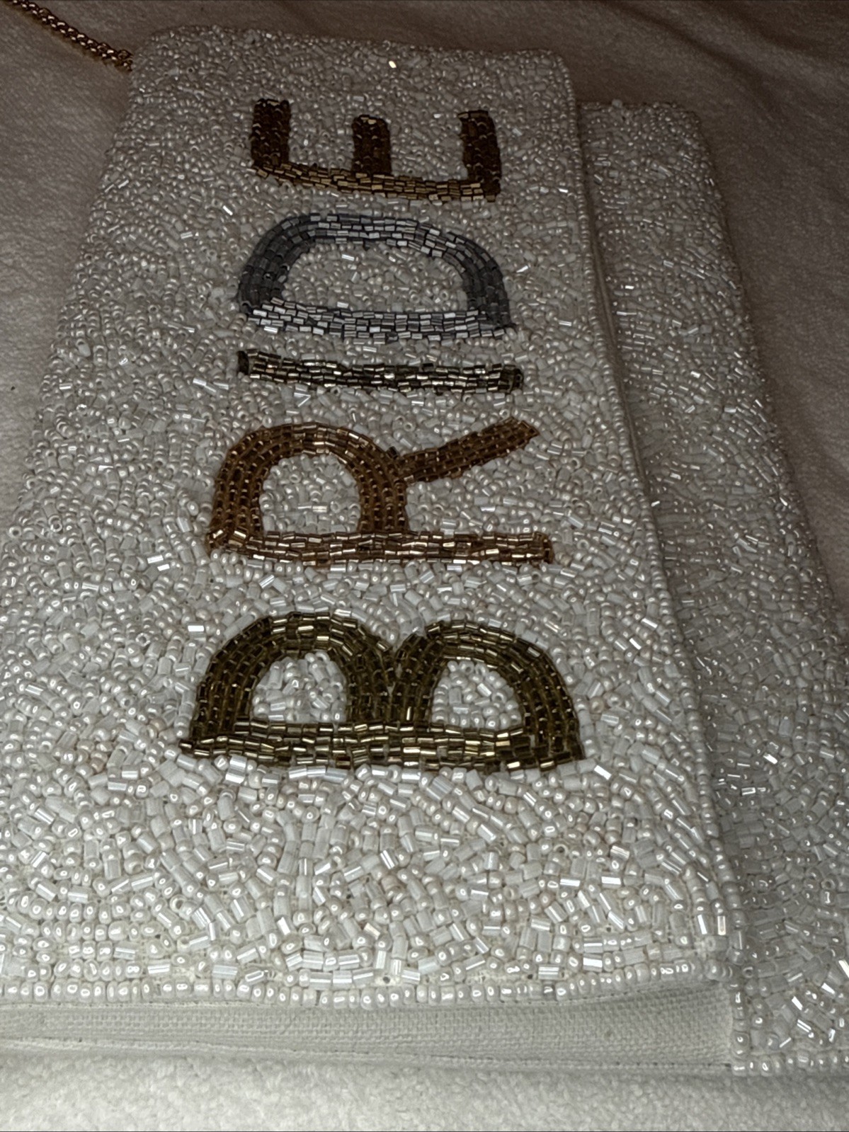 Bride Clutch Embroidered Glass Beaded Gold Tone Chain Strap Classy Elegant