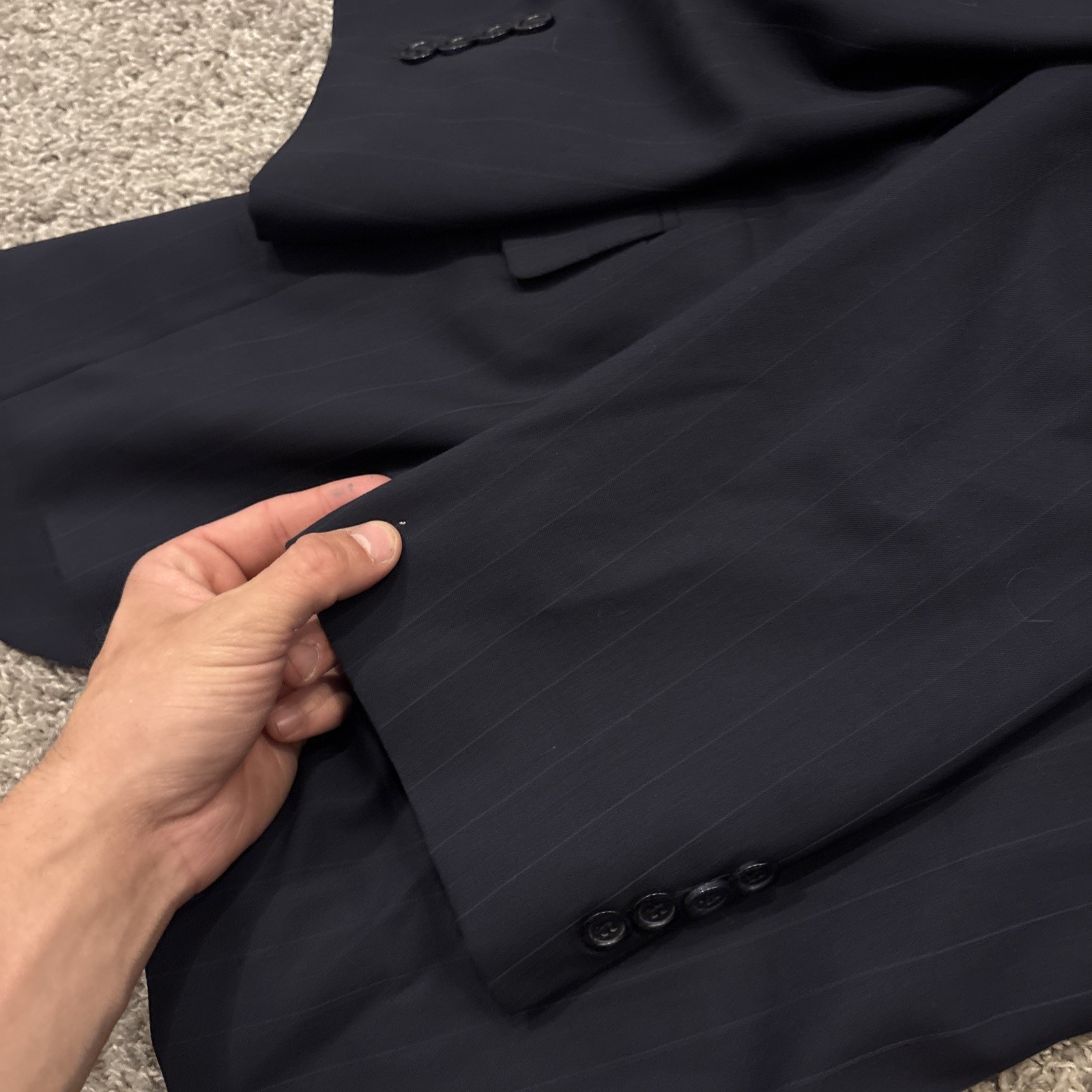 Tom James Mens 42R Pinstripe 2 Piece Suit Blue Corporate Image Pleated 36×32