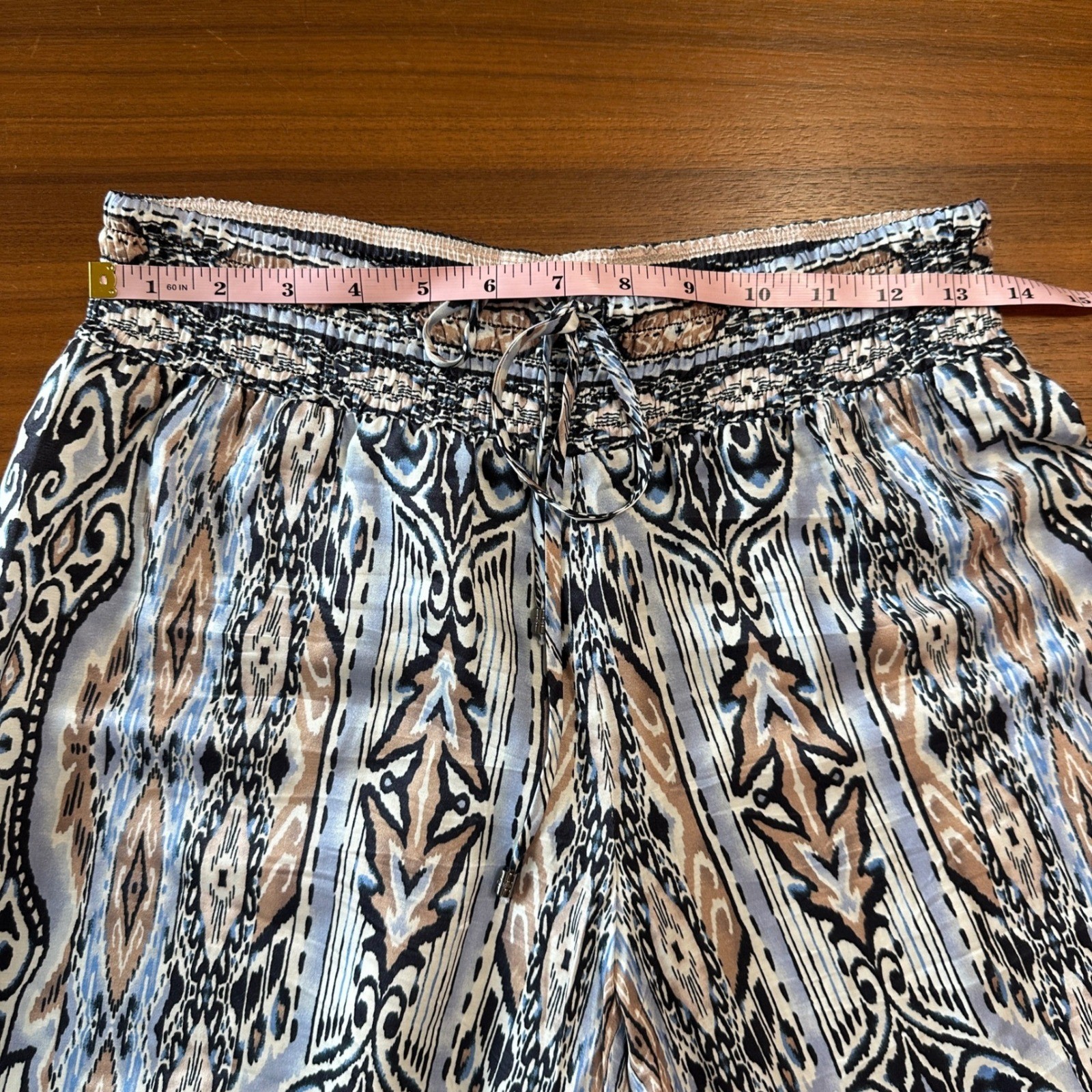 Hale Bob Wide Leg Pants Silk Blend Small, Blue Ikat Palazzo Boho Beach Resort