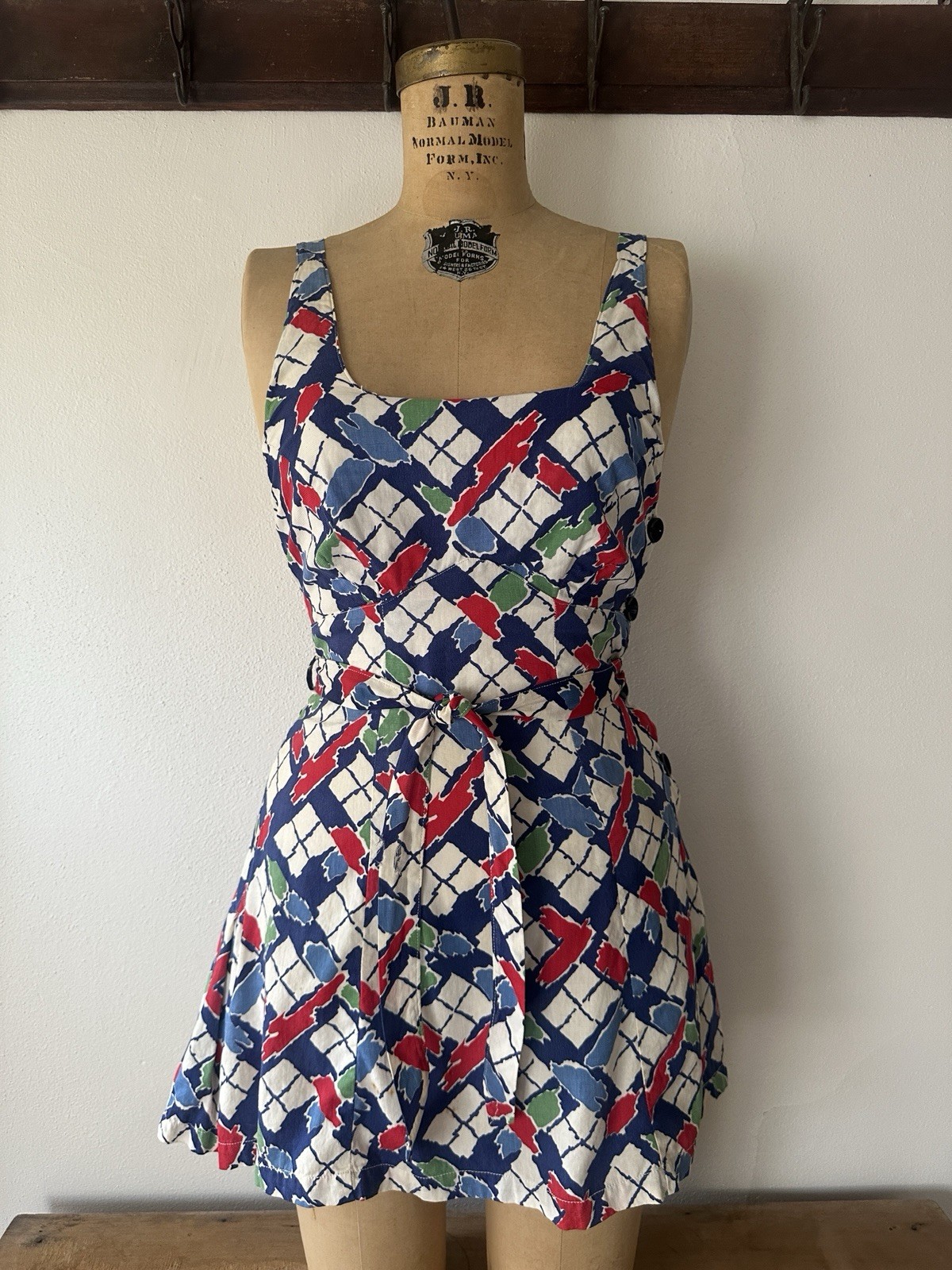 Vintage 1930s 40s Side Button Dress Beach Playsuit Women’s Size Small