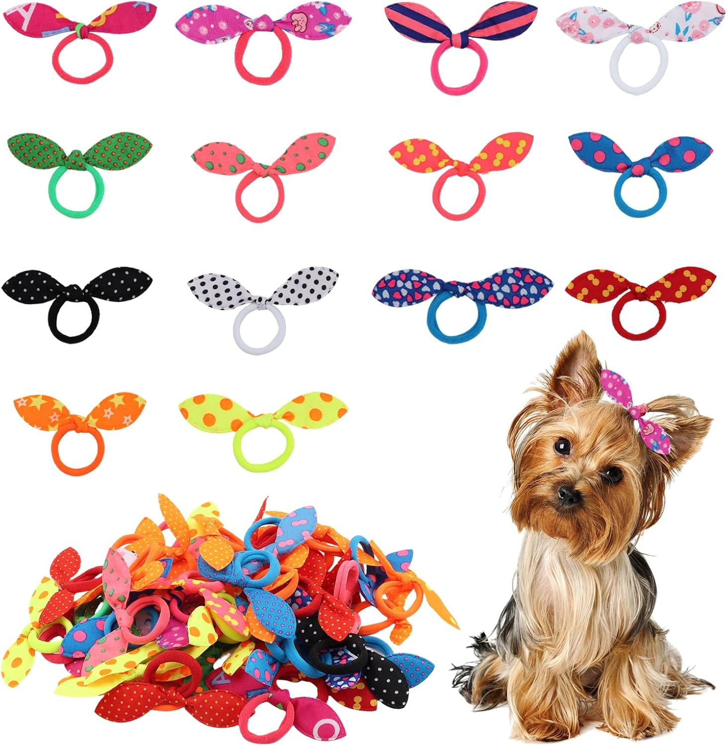 50 Pcs Small Dog Hair Ties, Rabbit Ear Shape Hair Bows with Rubber Bands, Cute M