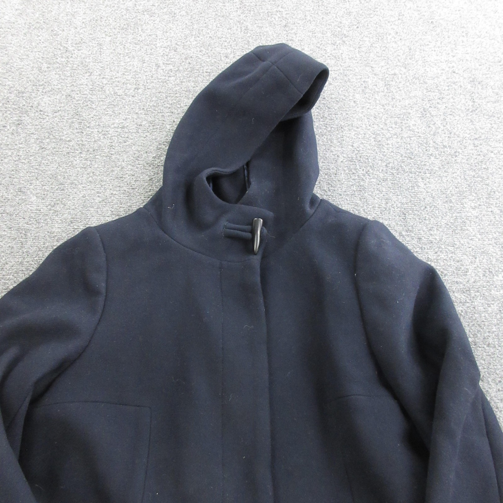 Babaton Coat Womens Large Blue Wool Hooded Toggle Front Lined Pockets Mid Length