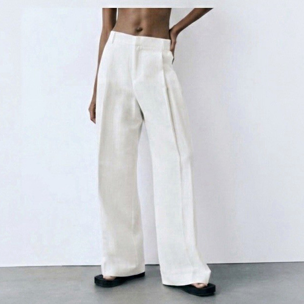 Zara Women’s White Linen Wide-Leg Pleated High Rise Pants Pockets Zip S