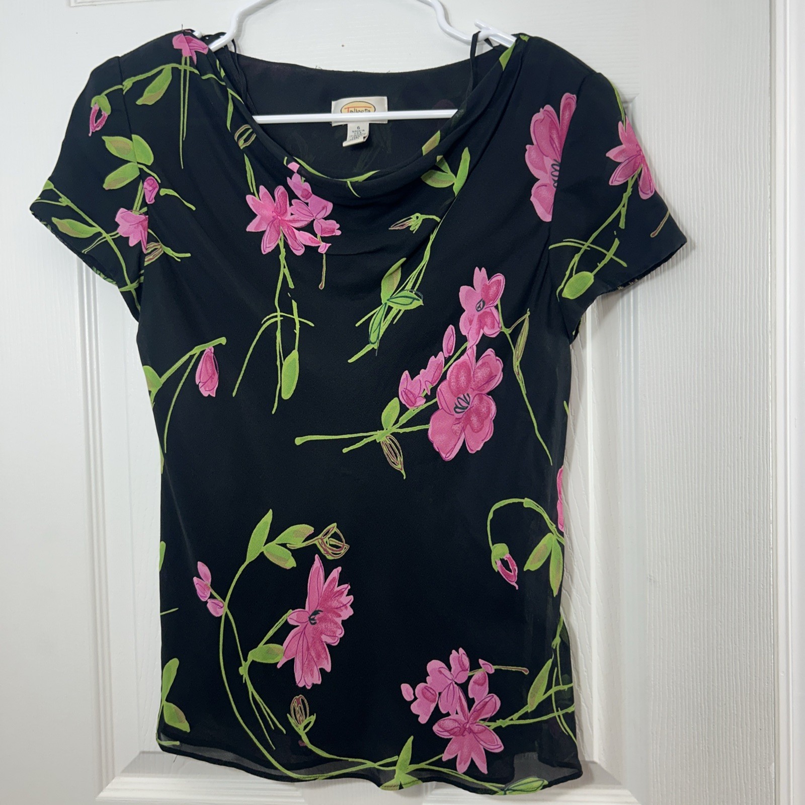 Vintage Talbots Petites 8 Black Red Tulip Floral Cowl Neck Blouse Made in USA