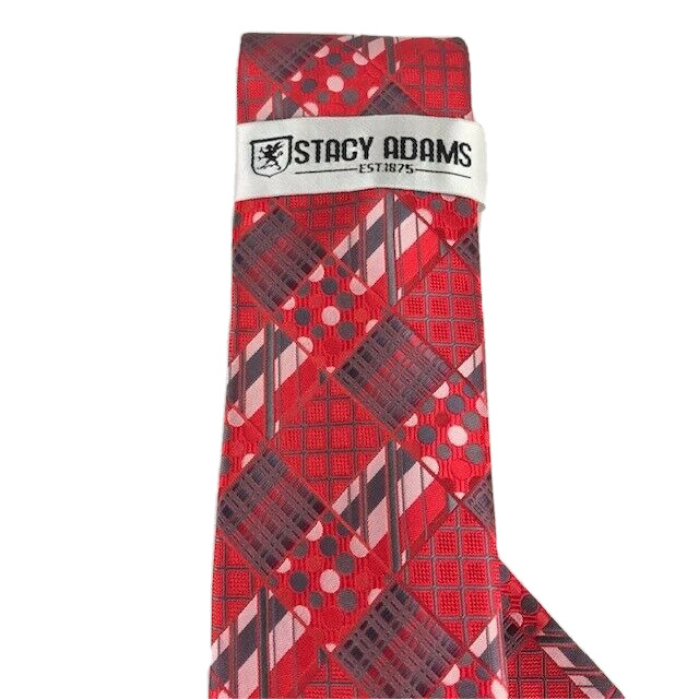 Stacy Adams Men’s Tie Hanky Set Red Pink Charcoal Gray Plaids 3.25 Inches Wide
