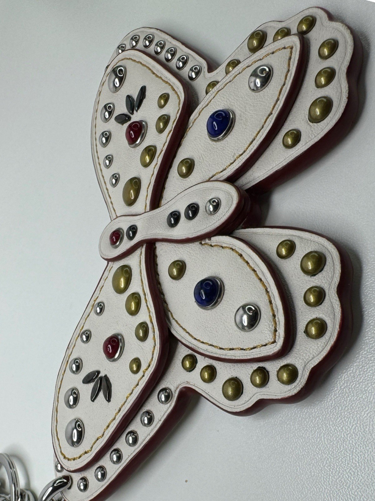 Coach Butterfly Large Leather Chalk White Colored Stone Metal Rivets Keychain