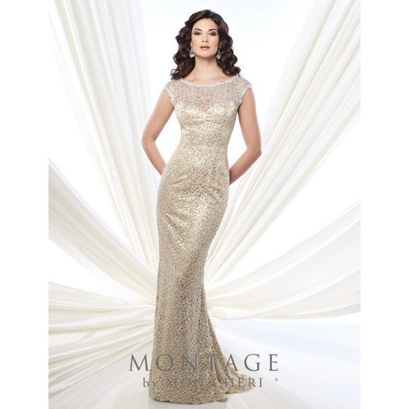 Montage By Mon Cheri Sequin Lace Maxi Evening Gown Dress Golf Sheath Cap Sleeve