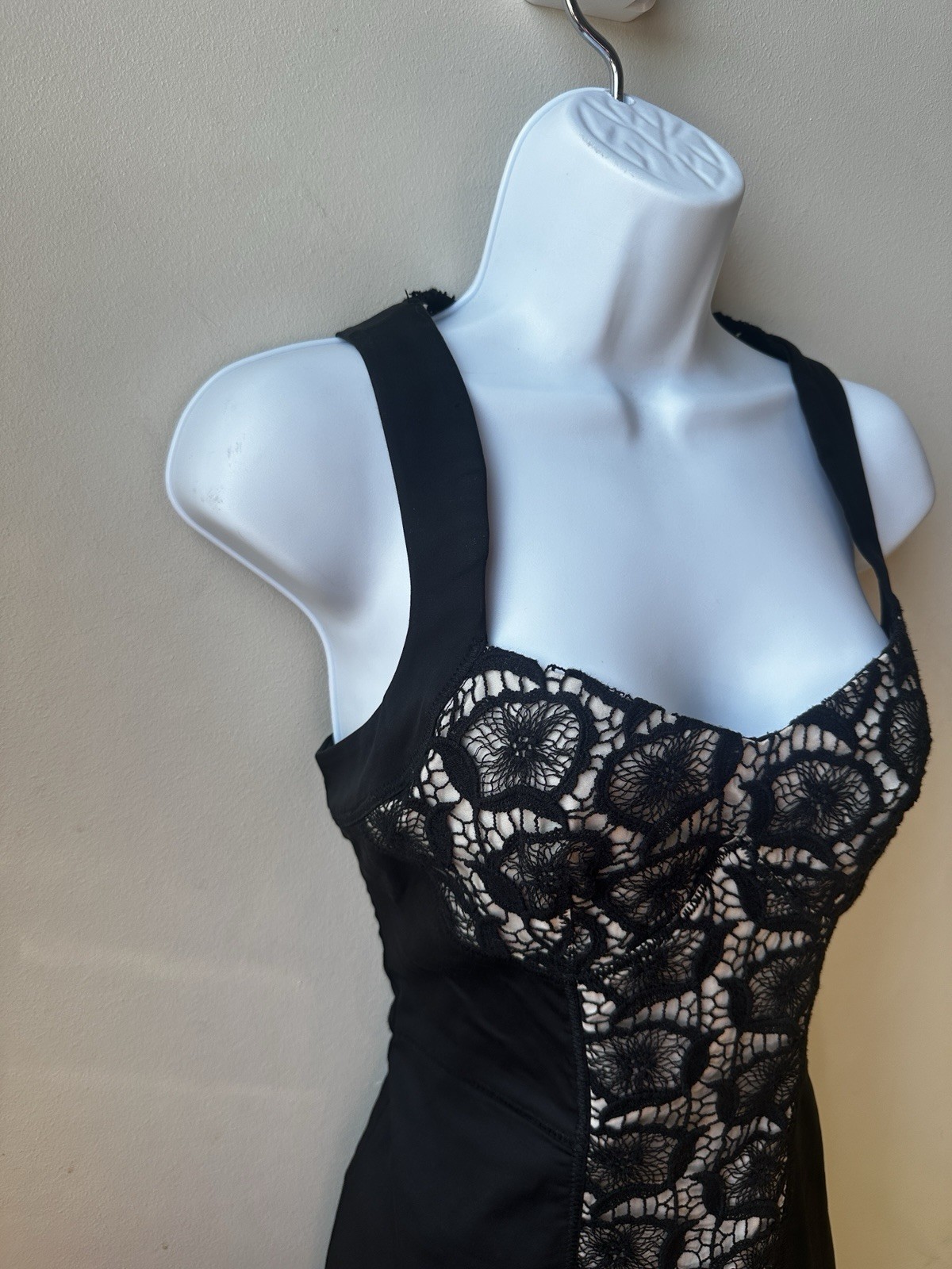 Bebe Black Crochet Overlay Mini Cocktail Dress 4P Y2K Club Sleeveless Bodycon