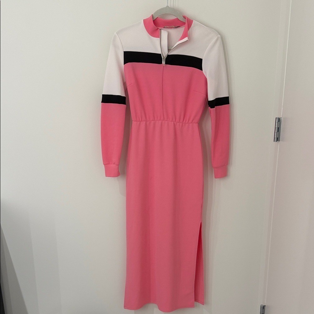 ASOS Colorblock Midi Dress Zip Neck Long Sleeve Pink White Black Size 2