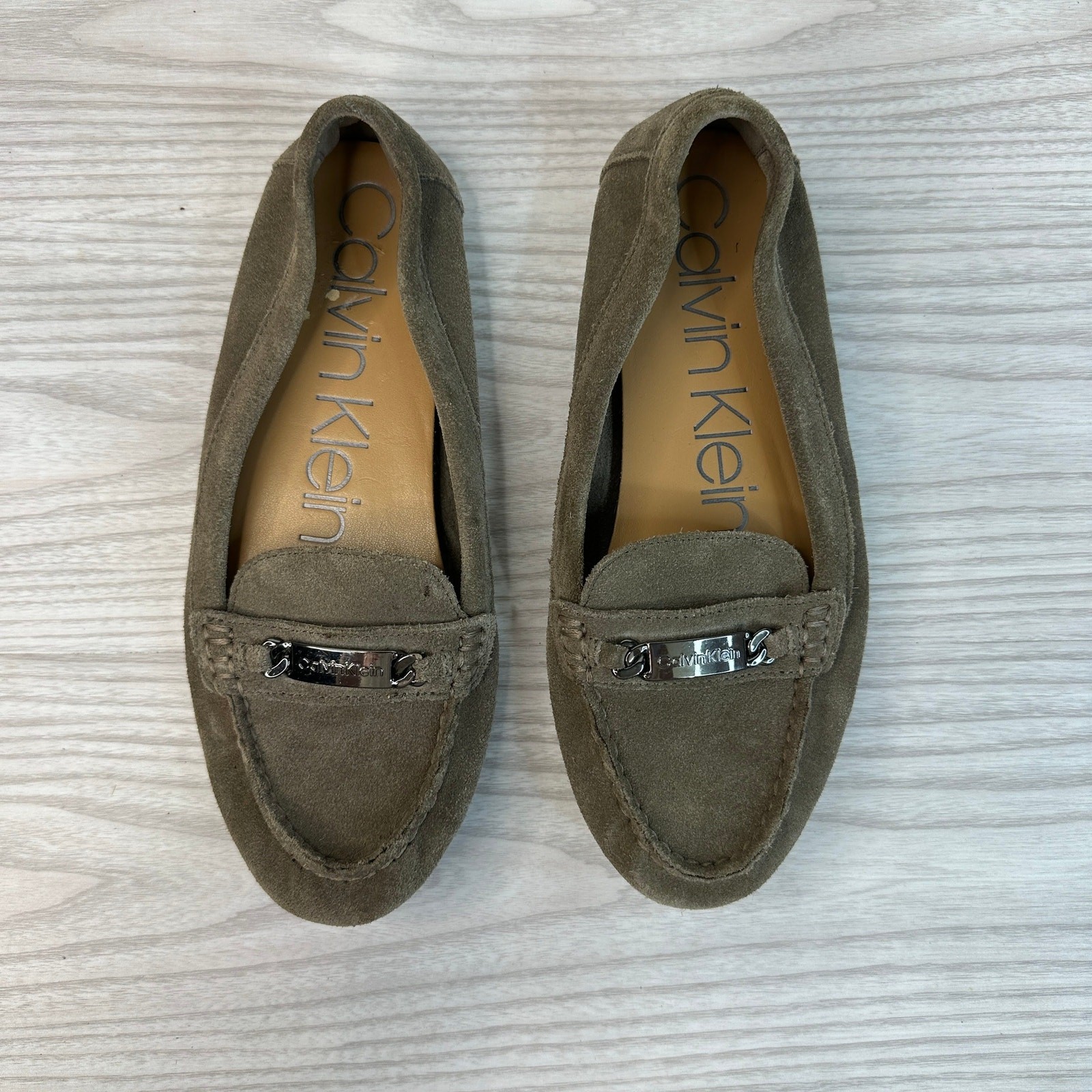 Calvin Klein Lunas Suede Loafers Womens US7.5 Taupe Brown Moccasins Flats Casual