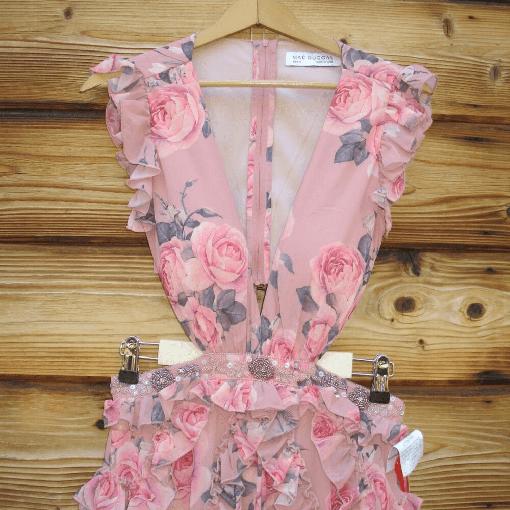 NWT Mac Duggal 9152 RUFFLED CUT OUT CAP SLEEVE V NECK GOWN Rose Size 4