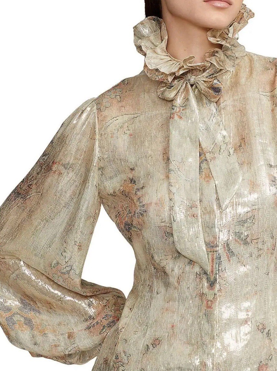 Ralph Lauren Collection Puff Sleeve Blouse Lurex Dress Shirt Tie Neck Silk 10 M