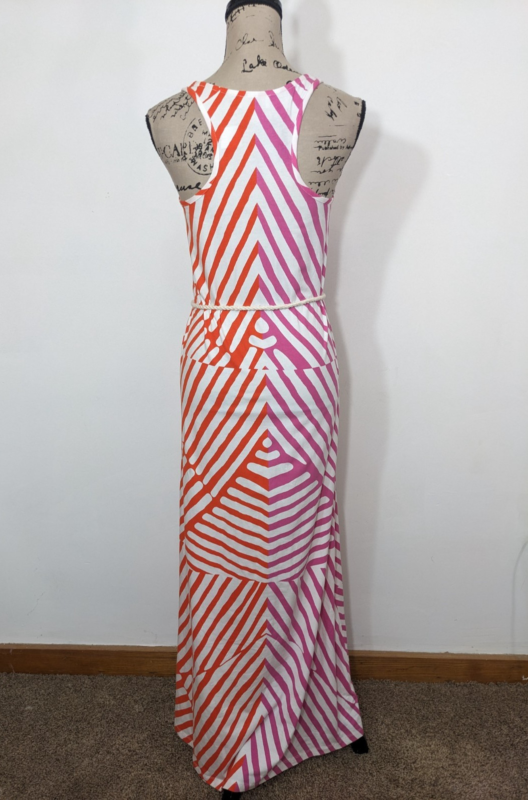 NWT LOFT Pink White Striped Sleeveless Maxi Dress Rope Belt Womens XS