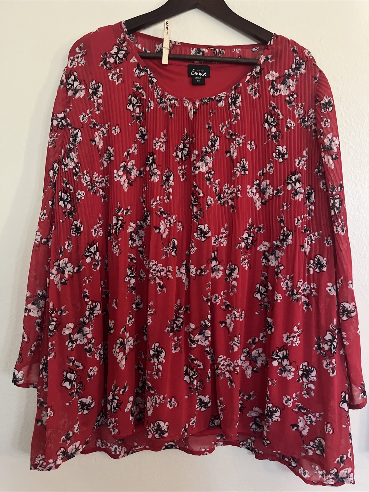 Simply Emma 3/4 Wide Sleeve Babydoll Lined Floral Red Top Blouse SZ 3X