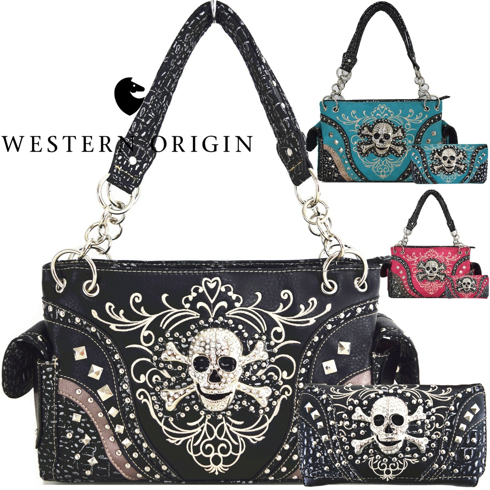 Rhinestone Skull Punk Concealed Carry Purse Women Handbag Shoulder Bag / Wallet