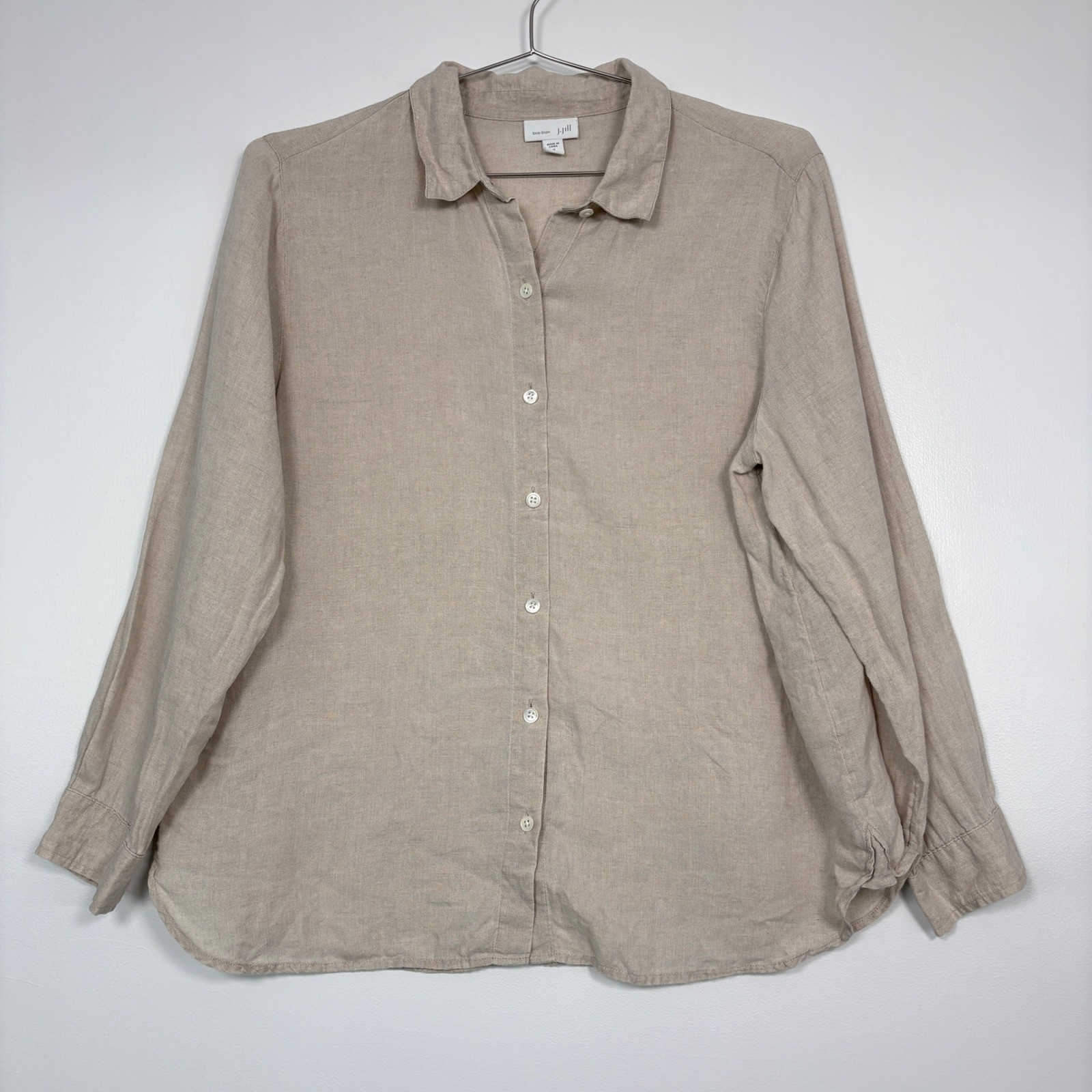 J. Jill Womens Shirt M Petite Oatmeal Beige Love Linen Button Down Long Sleeve