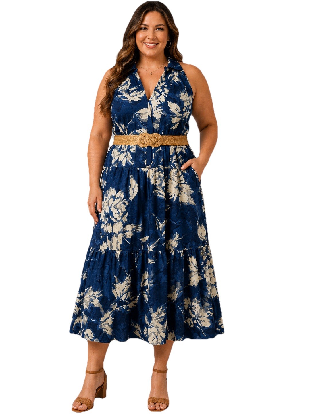 Donna Karan New York 18W Blue Floral Halter Midi Dress Belted Cotton